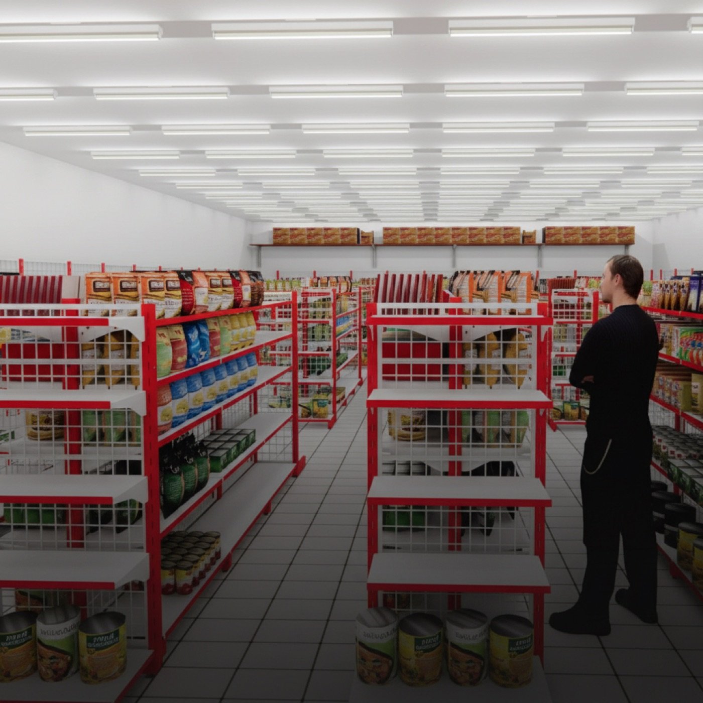 Interior minimarket dengan rak gondola merah